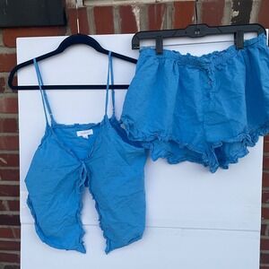 Colsie Blue Swiss Dot Pajama Set Cami & Shorts Cotton Ruffle Blue Womens Medium